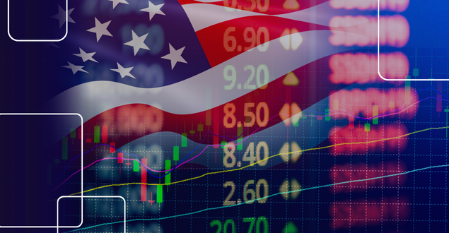 American flag with stock market numbers overlaid